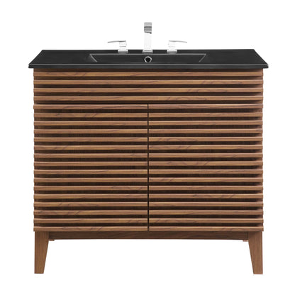 Bathroom vanity with black countertop chrome faucet and wooden slat cabinet by Modway on Tampa Home & Garden Store