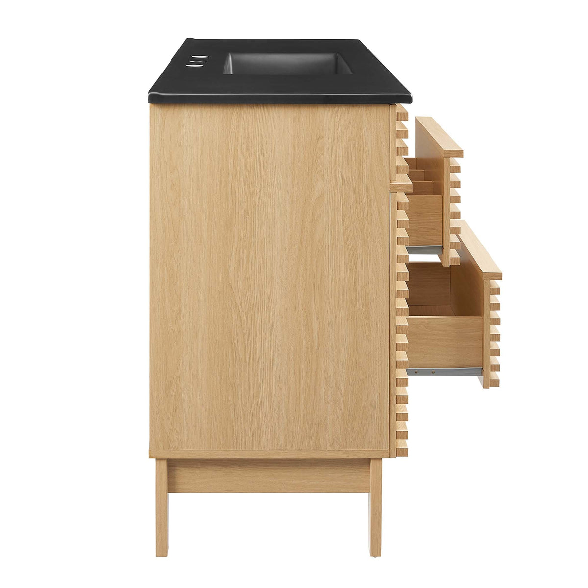 Render Single Sink Bathroom Vanity by Modway with black countertop and natural oak cabinet with slatted side storage on Tampa Home & Garden Store