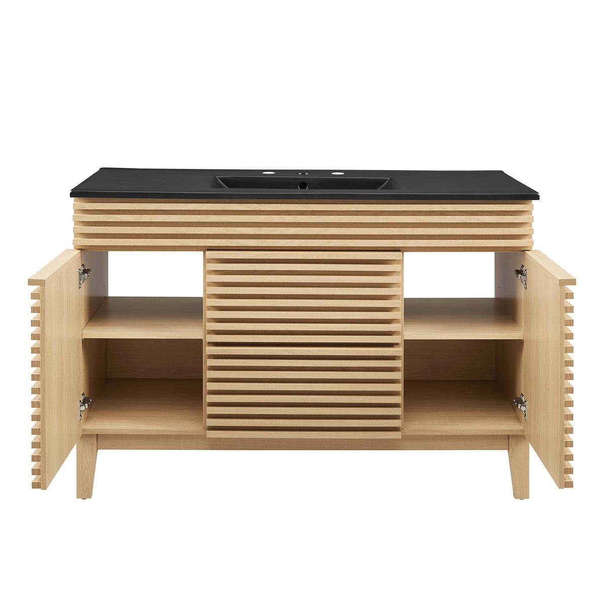 Render Single Sink Bathroom Vanity by Modway with black countertop and slatted wood base on Tampa Home & Garden Store