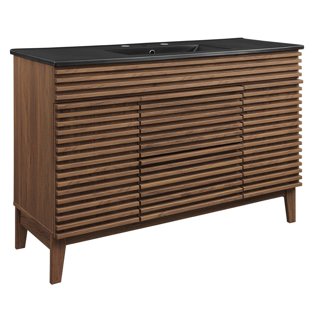 Render Single Sink Bathroom Vanity by Modway, wood slatted cabinet with black countertop on Tampa Home & Garden Store