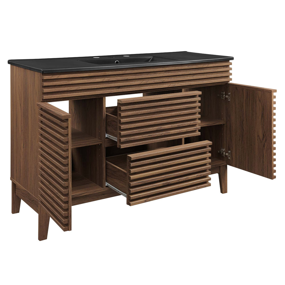 Render Single Sink Bathroom Vanity with wood slatted cabinet and black countertop by HouseOfZazla on Tampa Home & Garden Store