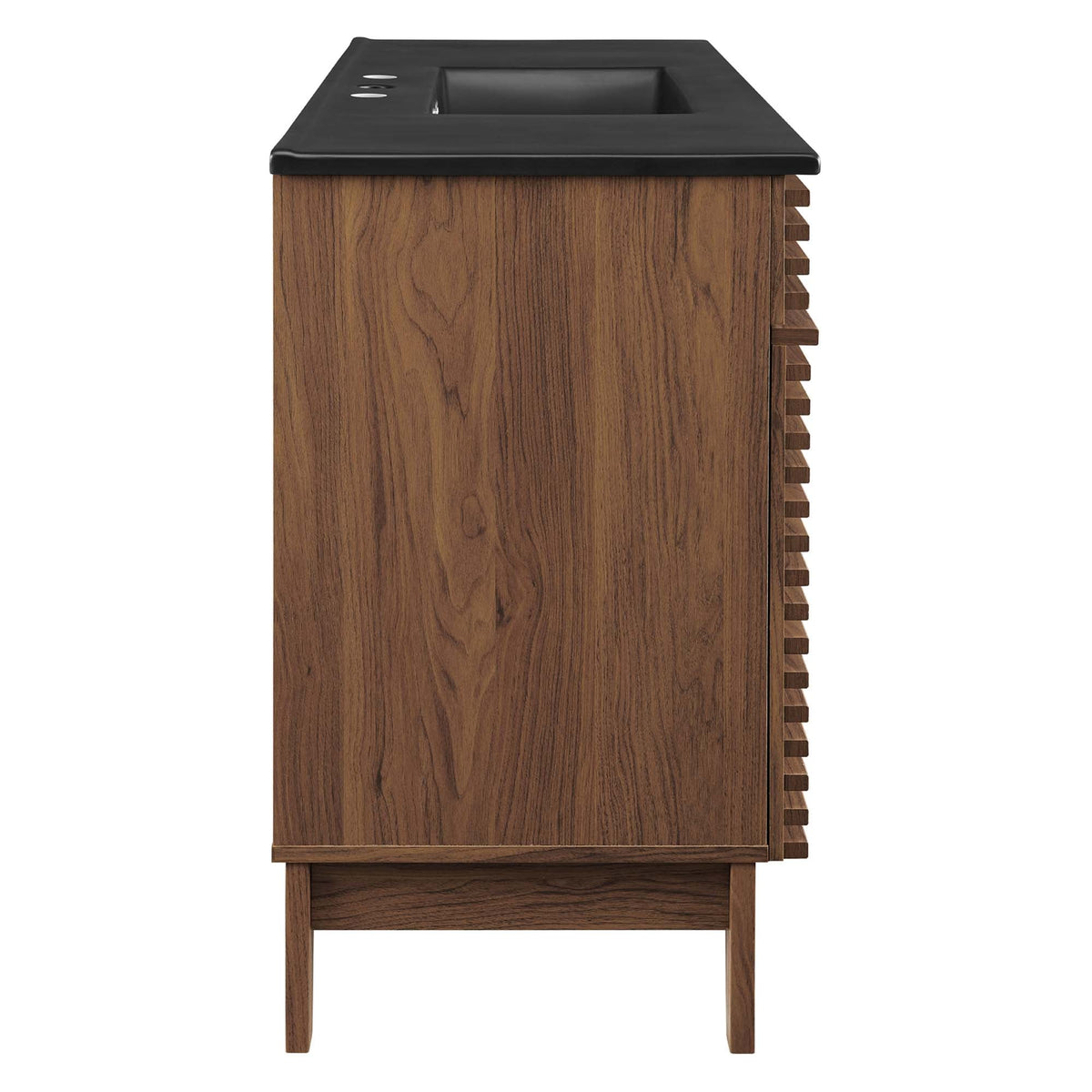 Single sink vanity with black countertop and wood grain cabinet, HouseOfZazla suite on Tampa Home & Garden Store