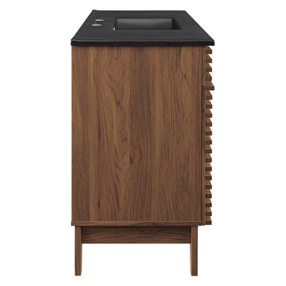 Single sink vanity with black countertop and wood grain cabinet, HouseOfZazla suite on Tampa Home & Garden Store