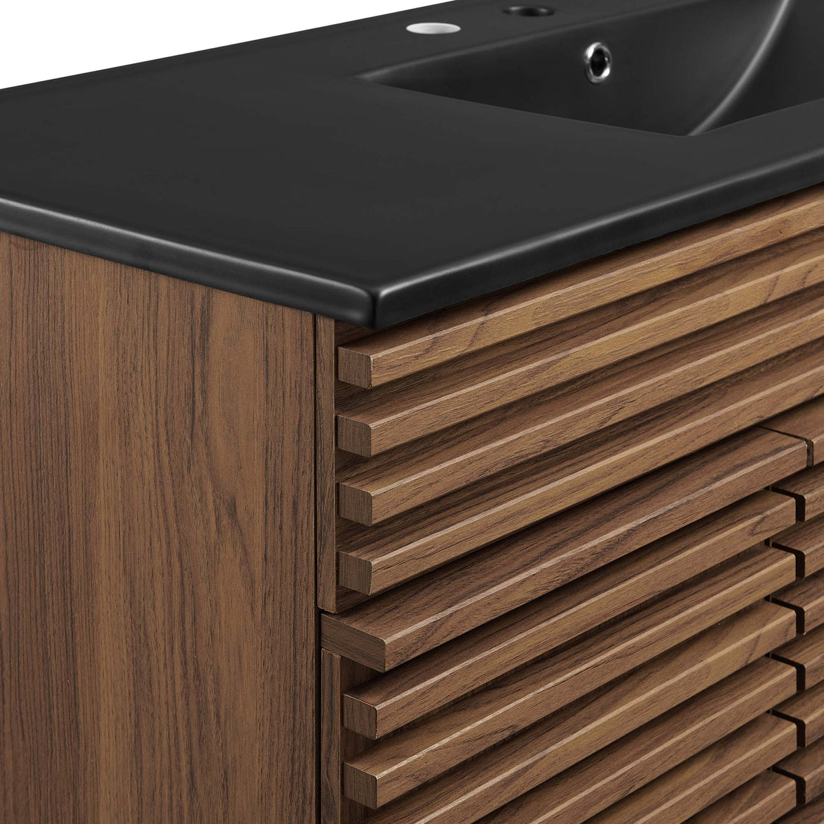 Render Single Sink Bathroom Vanity with charcoal countertop and slatted wood drawers on Tampa Home & Garden Store