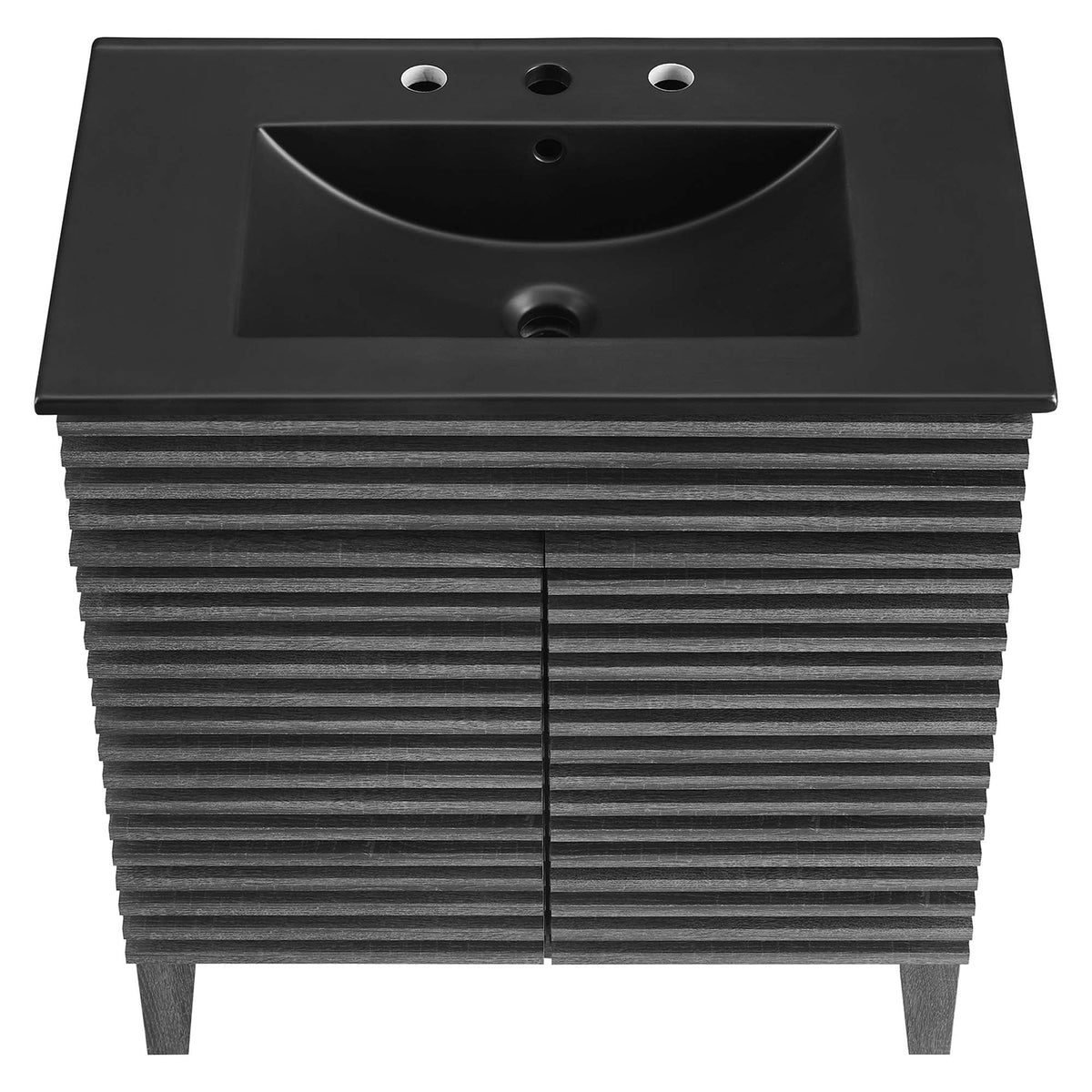 Render bathroom vanity by Modway with black rectangular sink atop a dark slatted wood base on Tampa Home & Garden Store