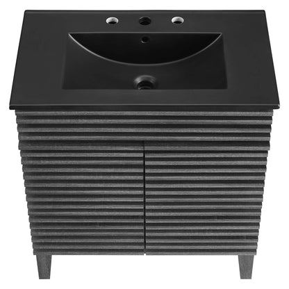 Render bathroom vanity by Modway with black rectangular sink atop a dark slatted wood base on Tampa Home & Garden Store
