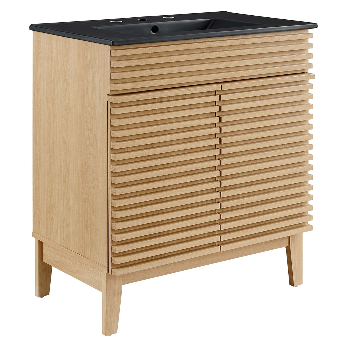 Render bathroom vanity by Modway, natural oak slatted cabinet with dark countertop and sink on Tampa Home & Garden Store