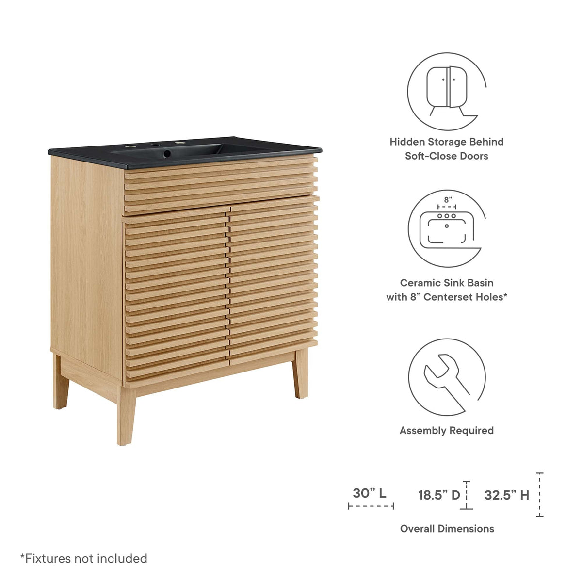 Render Bathroom Vanity by Modway—light oak slatted cabinet with black countertop and sink on Tampa Home & Garden Store