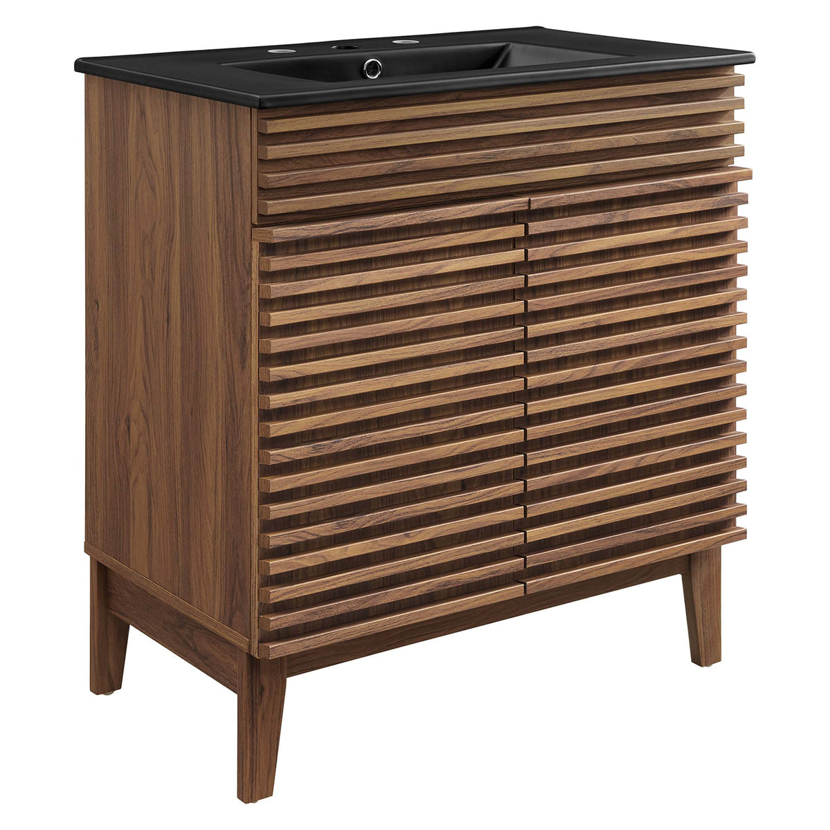 Modway Render bathroom vanity with black top and walnut slatted cabinet for bathroom suites on Tampa Home & Garden Store