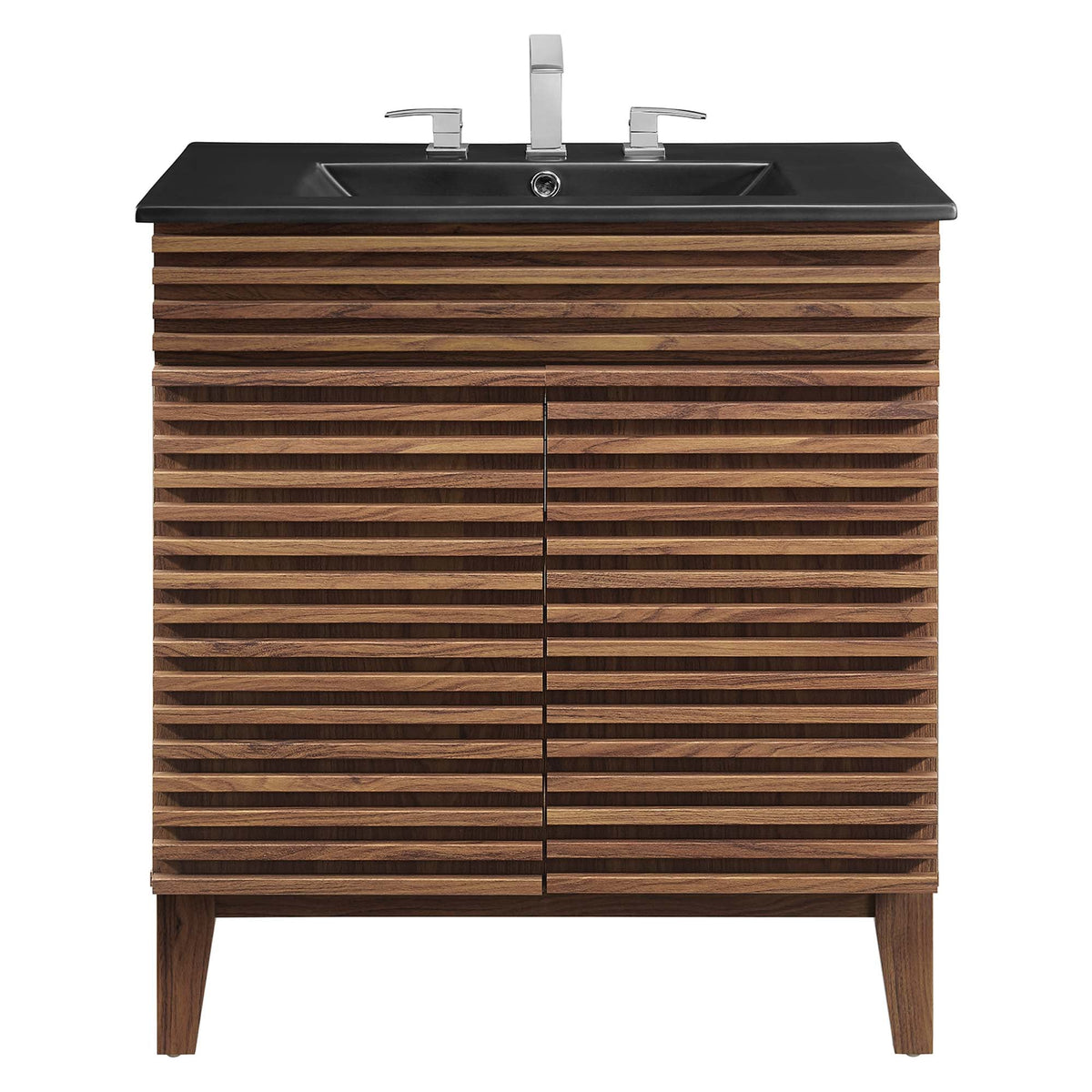 Render Bathroom Vanity by Modway with black countertop, chrome faucets, and slatted cabinet on Tampa Home & Garden Store