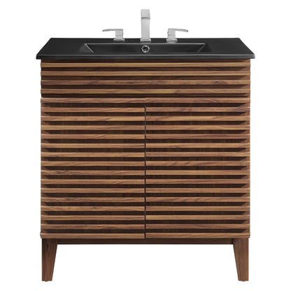 Render Bathroom Vanity by Modway with black countertop, chrome faucets, and slatted cabinet on Tampa Home & Garden Store