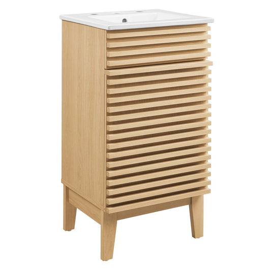 Render bathroom vanity cabinet by Modway with white ceramic sink and natural oak slatted doors on Tampa Home & Garden Store