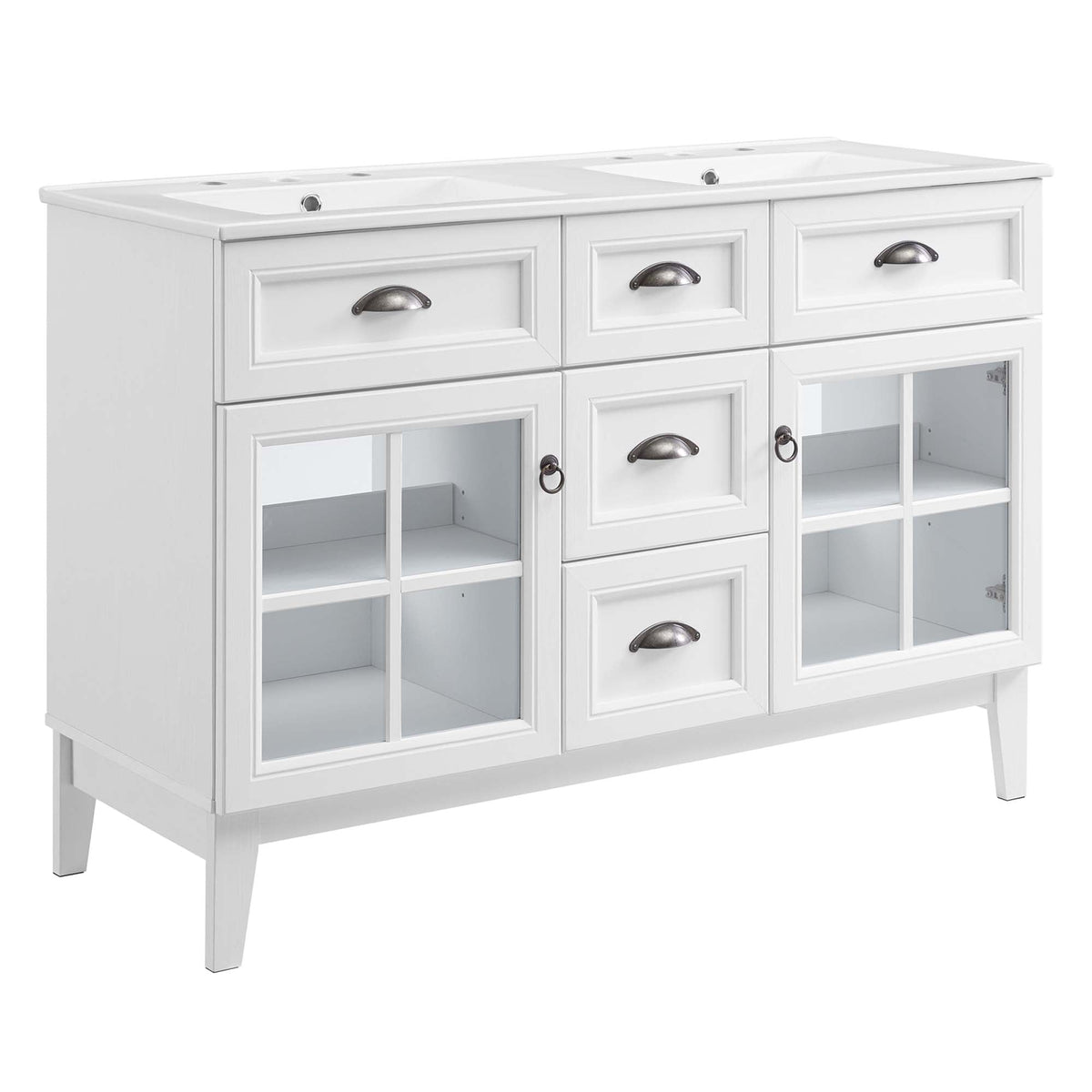 Isle 48in double vanity white with two sink openings and glass-front cabinets on Tampa Home & Garden Store