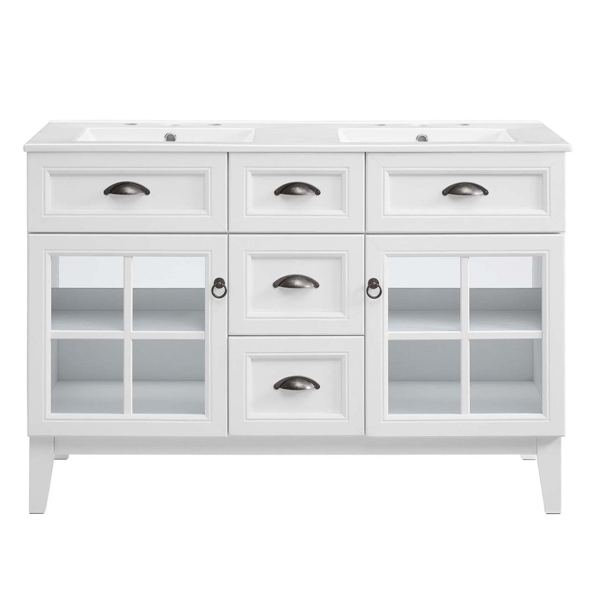 Modway Isle 48in double bathroom vanity, white with dual sinks, glass-front doors on Tampa Home & Garden Store