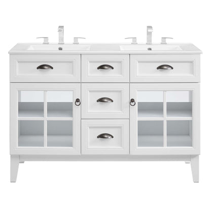 Isle 48-inch double bathroom vanity white with dual sinks, chrome faucets and glass-front doors on Tampa Home & Garden Store