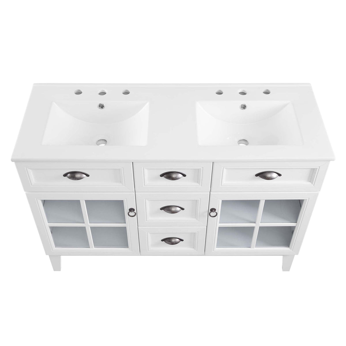 Isle 48-inch double bathroom vanity with two sinks, white finish, brushed nickel pulls on Tampa Home & Garden Store