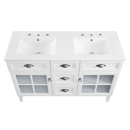 Isle 48-inch double bathroom vanity with two sinks, white finish, brushed nickel pulls on Tampa Home & Garden Store