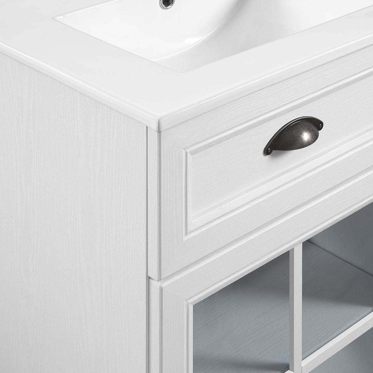 Isle 48in double bathroom vanity cabinet in graywashed wood with dark bronze pulls and shelves on Tampa Home & Garden Store