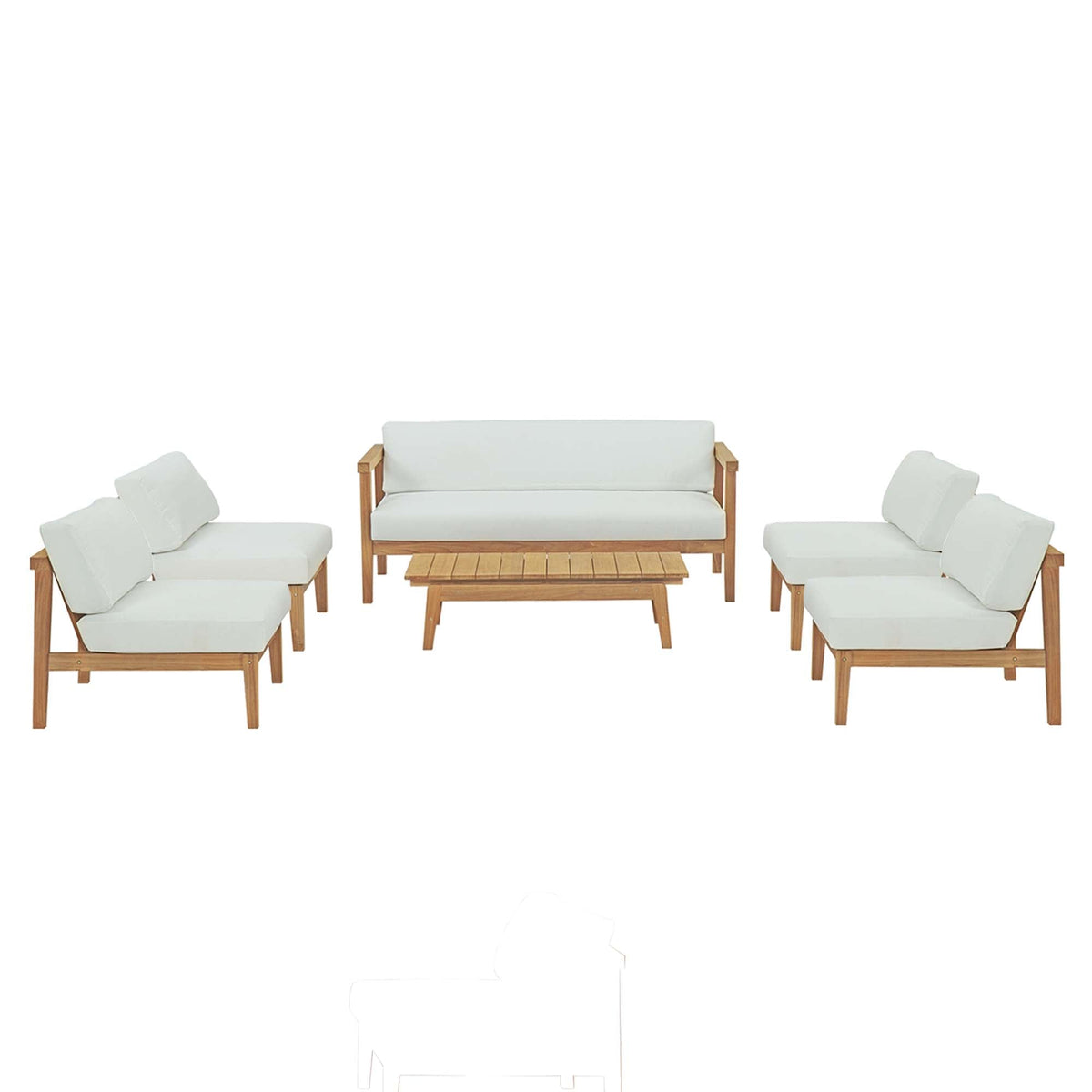 Bayport 6-Piece Outdoor Teak Set with white cushions and natural wood frame by HouseOfZazla on Tampa Home & Garden Store