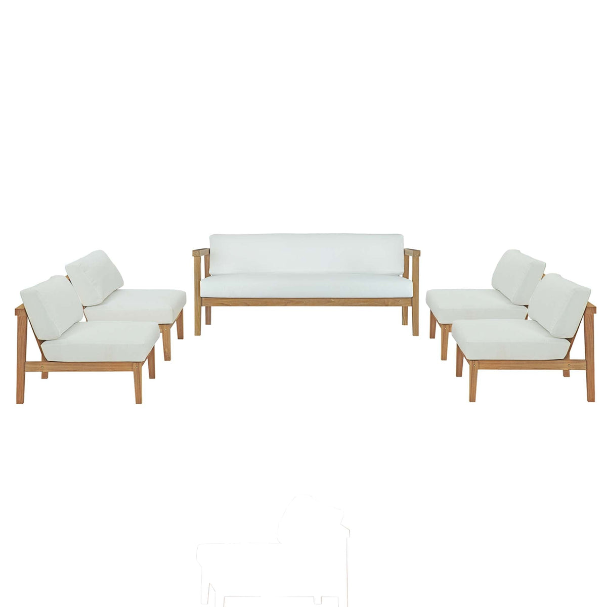 Bayport 5 Piece Outdoor Teak Set with white cushions, teak frames and modular sofa by Modway on Tampa Home & Garden Store