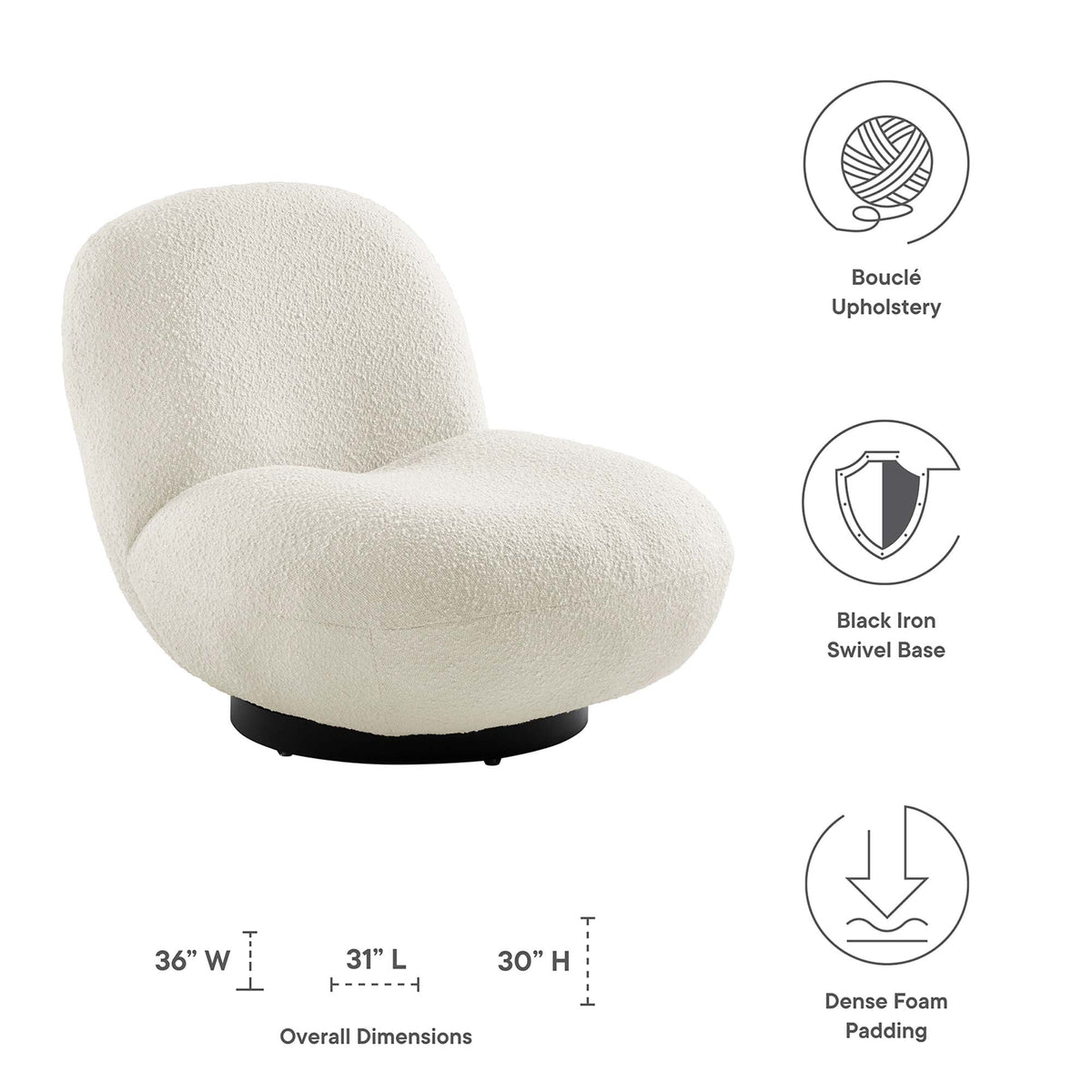 Kindred Boucle Upholstered Swivel Chair cream boucle fabric with black iron base by Modway on Tampa Home & Garden Store