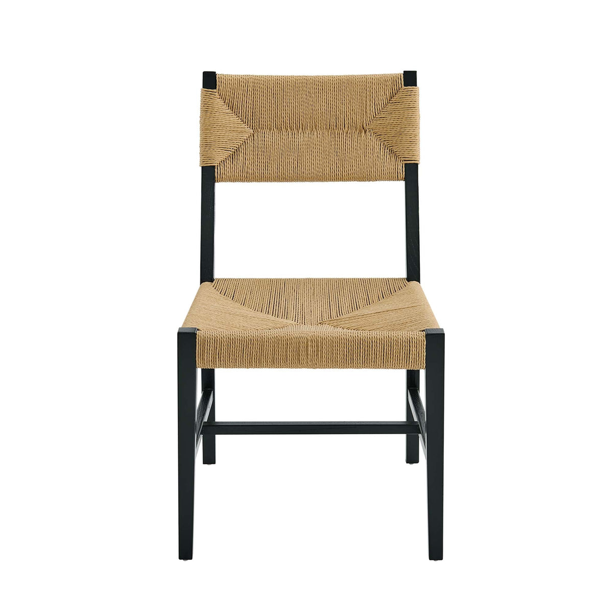 Bodie Wood Dining Chair with natural rope-wrapped seat and back on black metal frame on Tampa Home & Garden Store