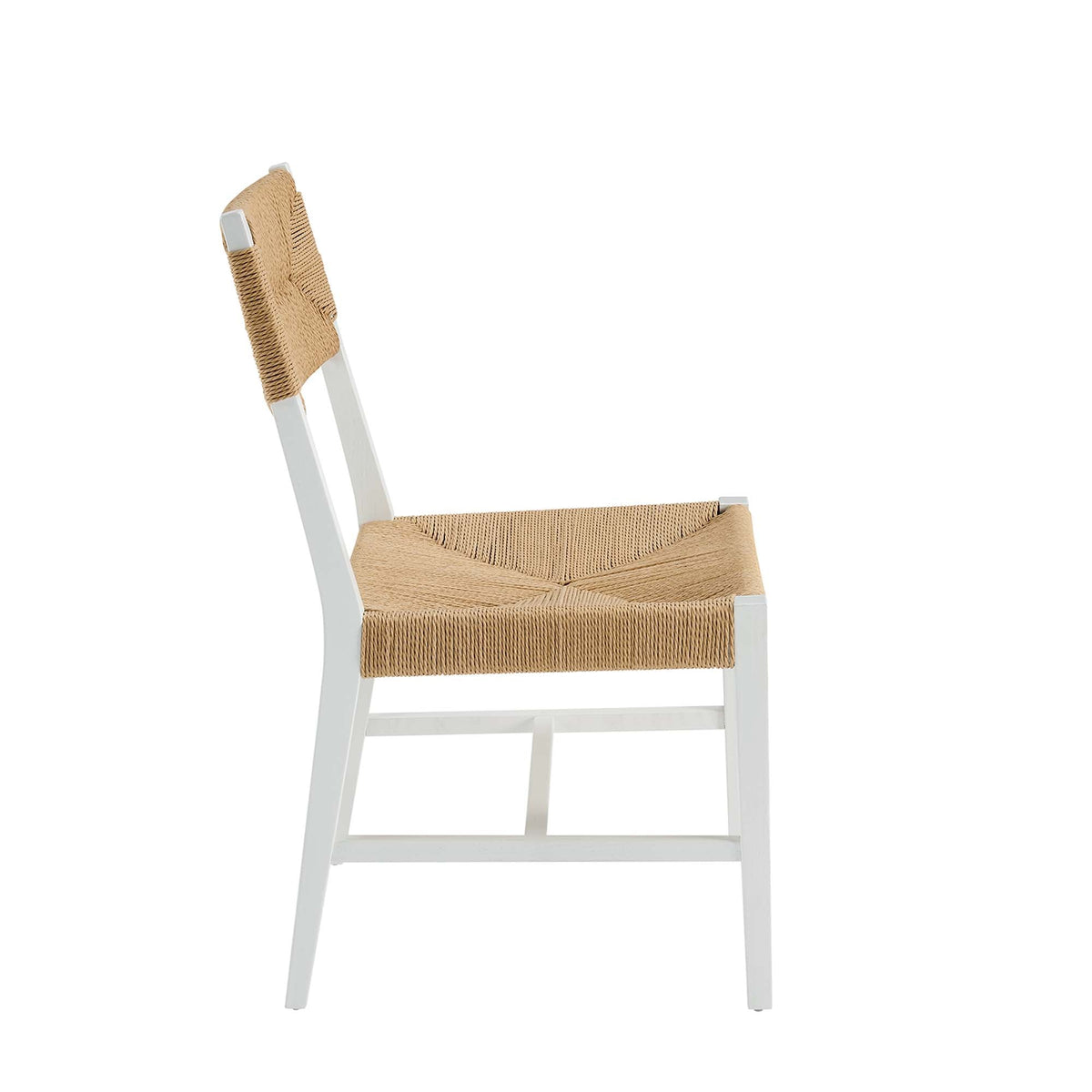 Bodie Wood Dining Chair with woven natural fiber seat on white frame on Tampa Home & Garden Store