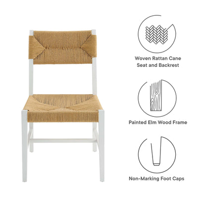 Bodie Wood Dining Chair by Modway, white-painted elm frame with woven rattan seat and backrest on Tampa Home & Garden Store