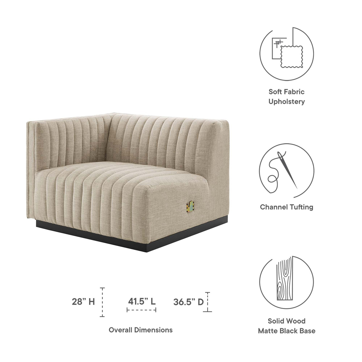 Conjure Channel Tufted Left-Arm Chair beige fabric, matte black base Modway on Tampa Home & Garden Store