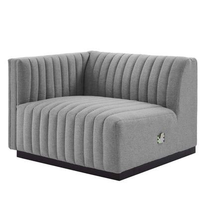 Conjure Channel Tufted Left-Arm Chair in gray fabric with vertical tufting and black base on Tampa Home & Garden Store