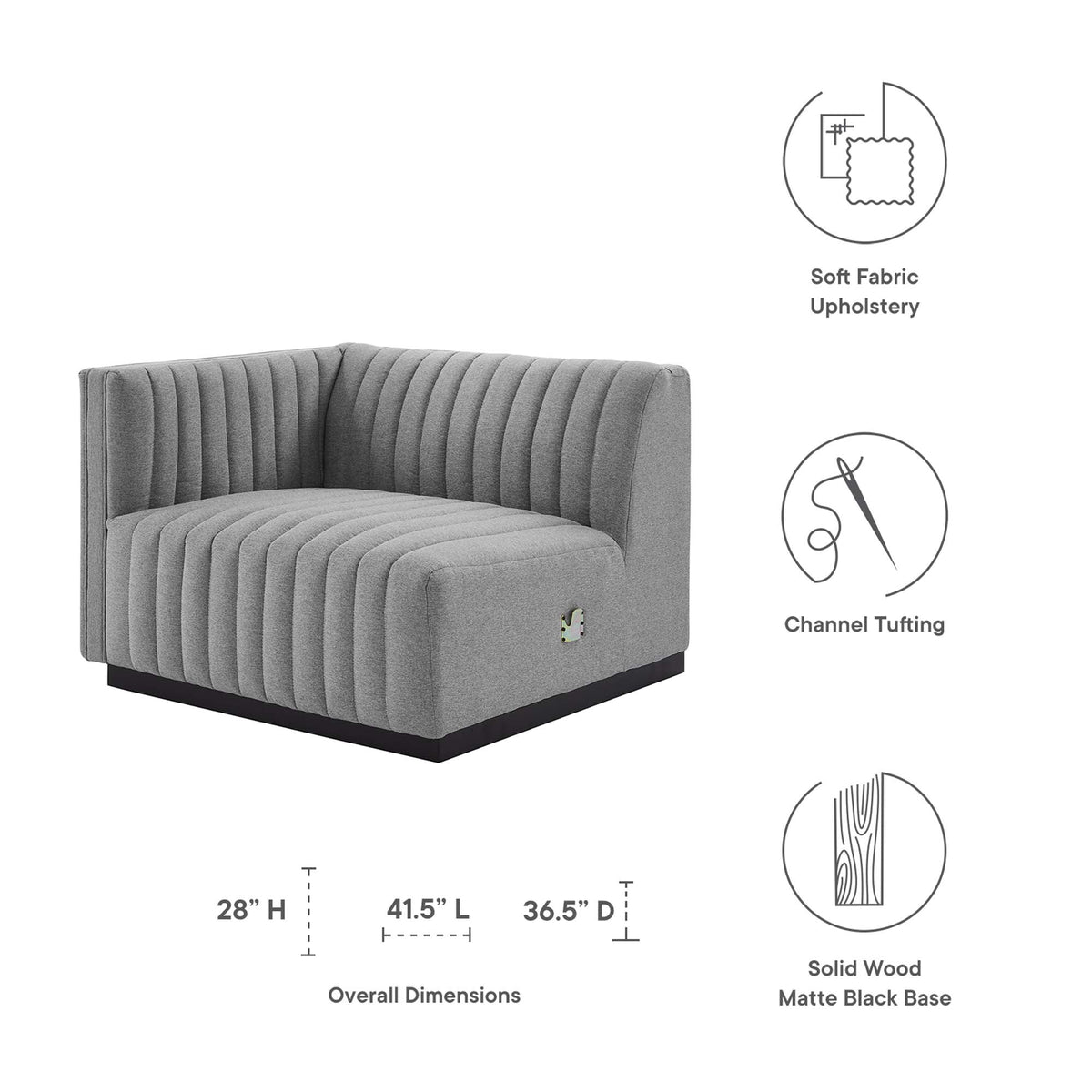 Conjure Channel Tufted Left-Arm Upholstered Fabric Chair, gray fabric with solid black base on Tampa Home & Garden Store