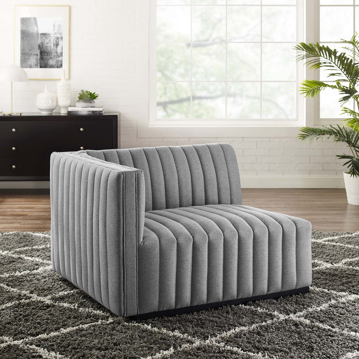 Conjure Channel Tufted Left-Arm Chair in grey fabric for living room on Tampa Home & Garden Store