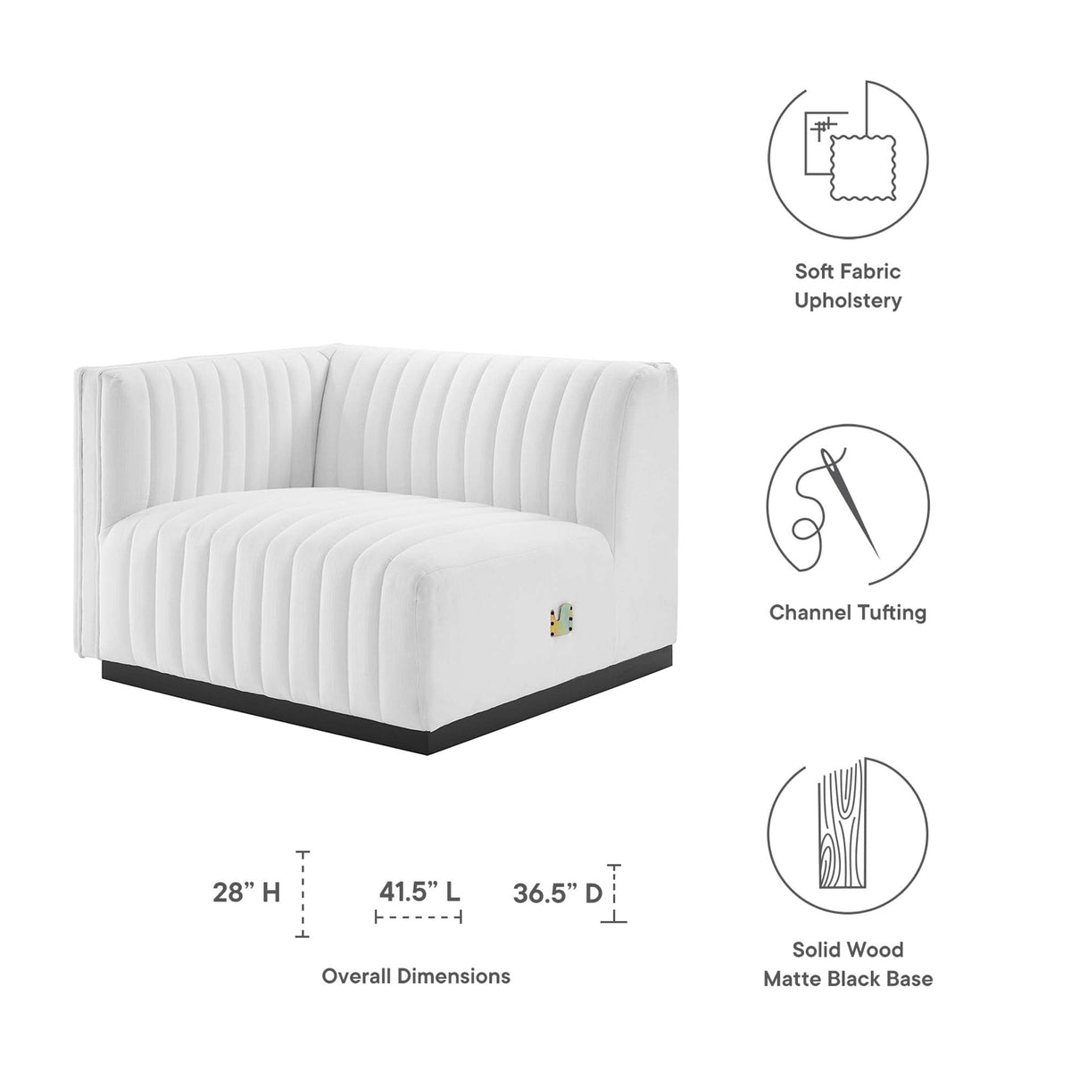 Conjure Channel Tufted Left-Arm Chair white fabric black base by Modway on Tampa Home & Garden Store