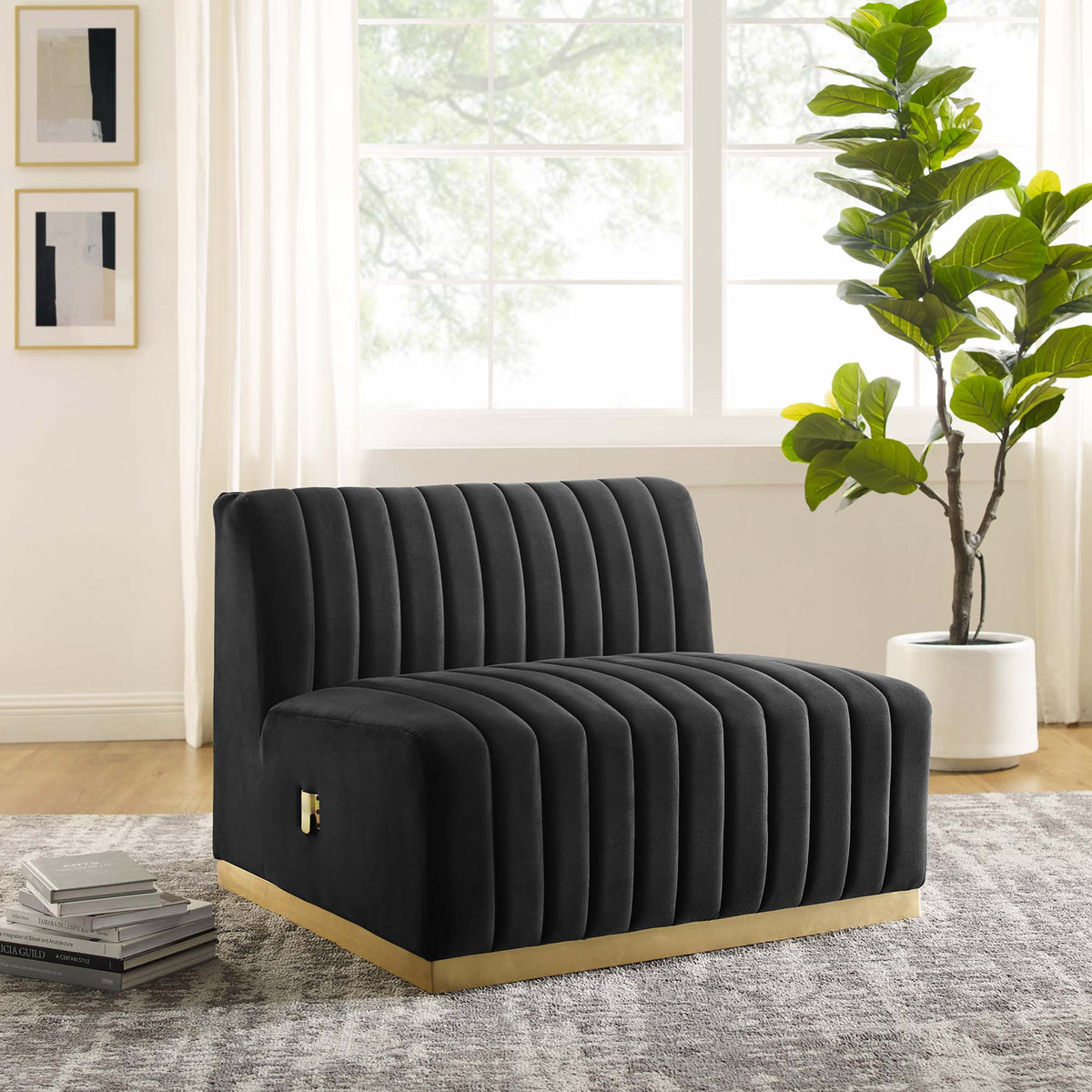 Conjure Channel Tufted Velvet Armless Chair in black with vertical tufting and wood base on Tampa Home & Garden Store