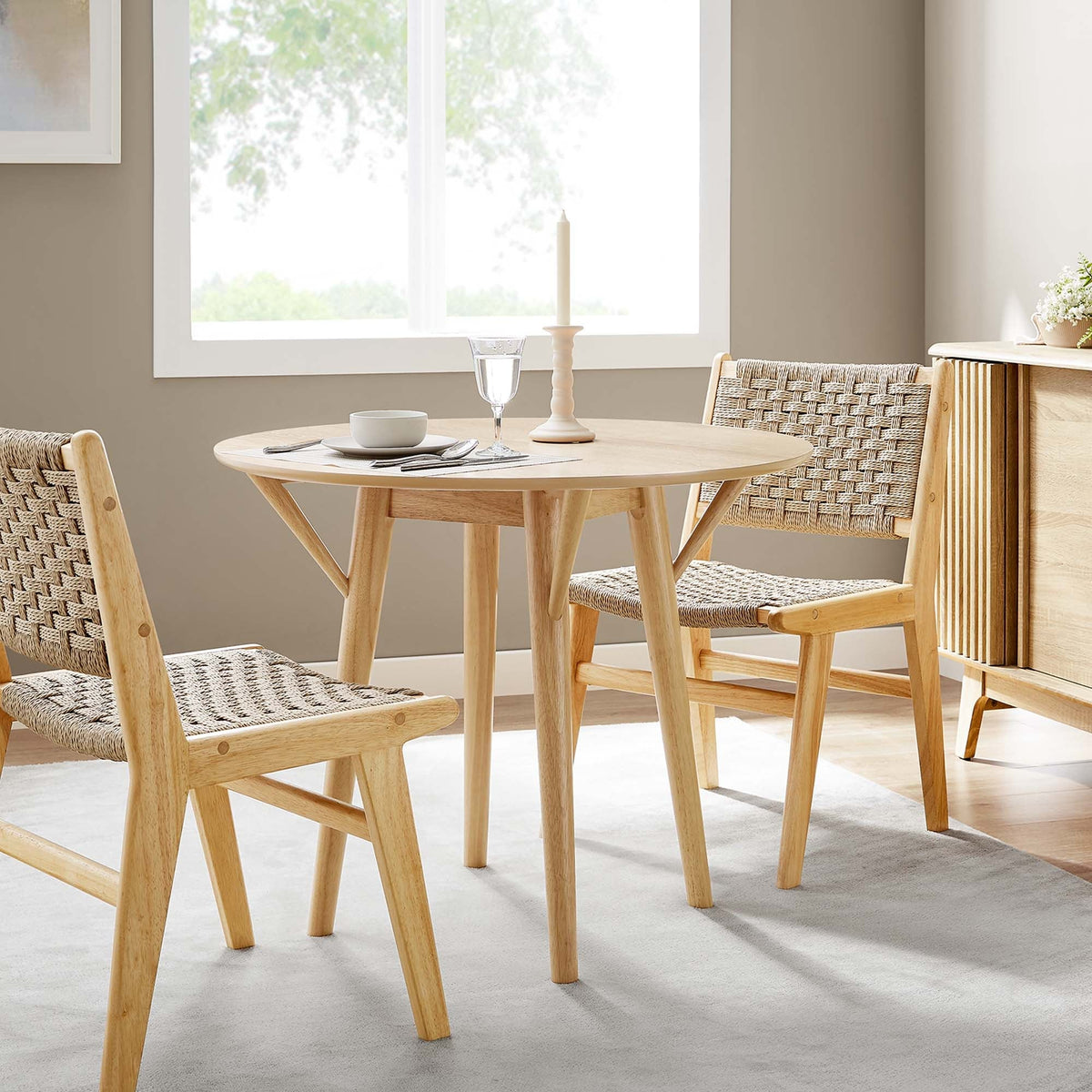 Gallant 36-inch dining table by Modway with round light wood top and woven rattan chairs, seats four on Tampa Home & Garden Store
