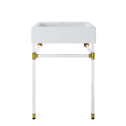 Redeem 24in acrylic wall-mount bathroom vanity white basin with clear legs and gold accents on Tampa Home & Garden Store
