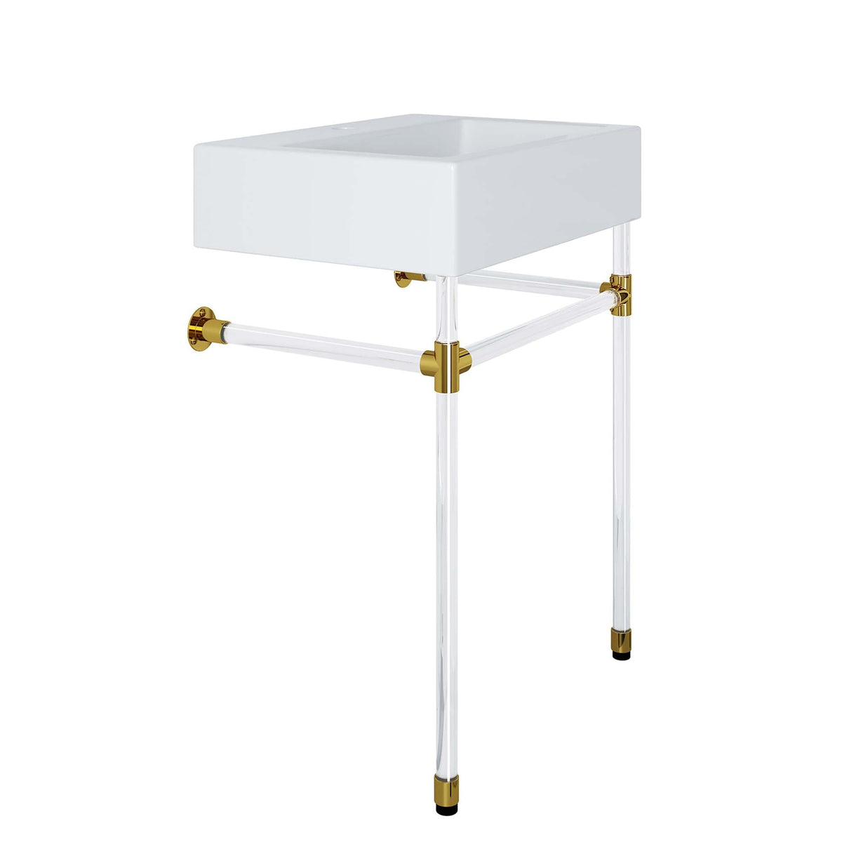 Redeem 24-inch acrylic wall-mount vanity white basin on clear frame with gold hardware on Tampa Home & Garden Store