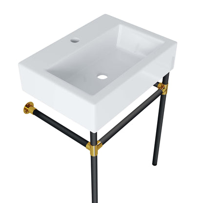 Redeem 24-inch wall-mount vanity with white sink, black stainless frame, gold hardware on Tampa Home & Garden Store