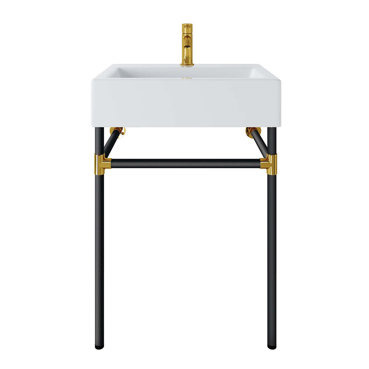 Redeem 24-inch wall-mount bathroom vanity with white rectangular basin, black steel legs, and gold faucet accents on Tampa Home & Garden Store
