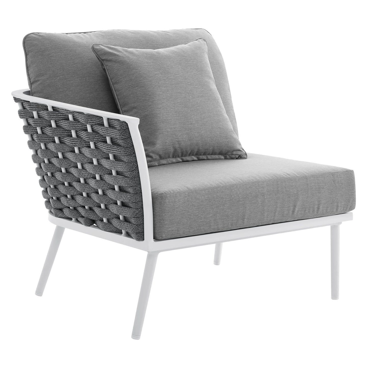 Stance outdoor aluminum left-facing armchair with grey cushions and woven back by Modway on Tampa Home & Garden Store