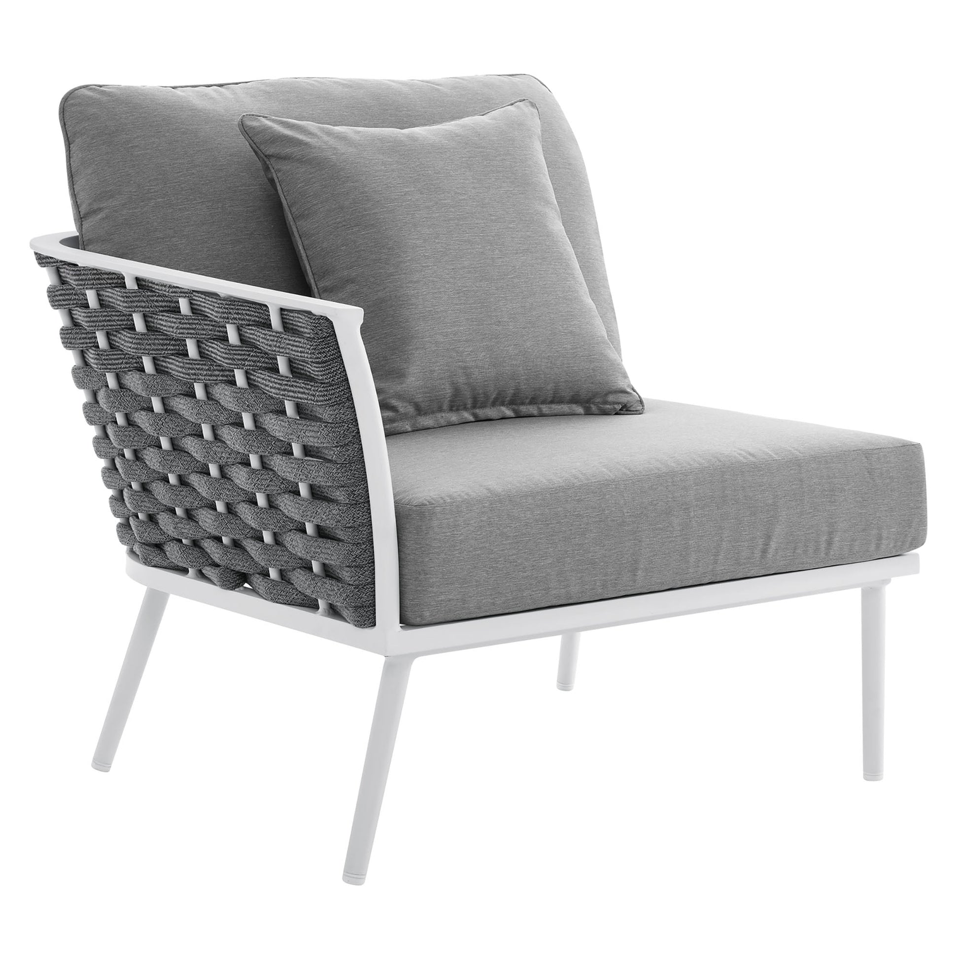 Stance outdoor aluminum left-facing armchair with grey cushions and woven back by Modway on Tampa Home & Garden Store