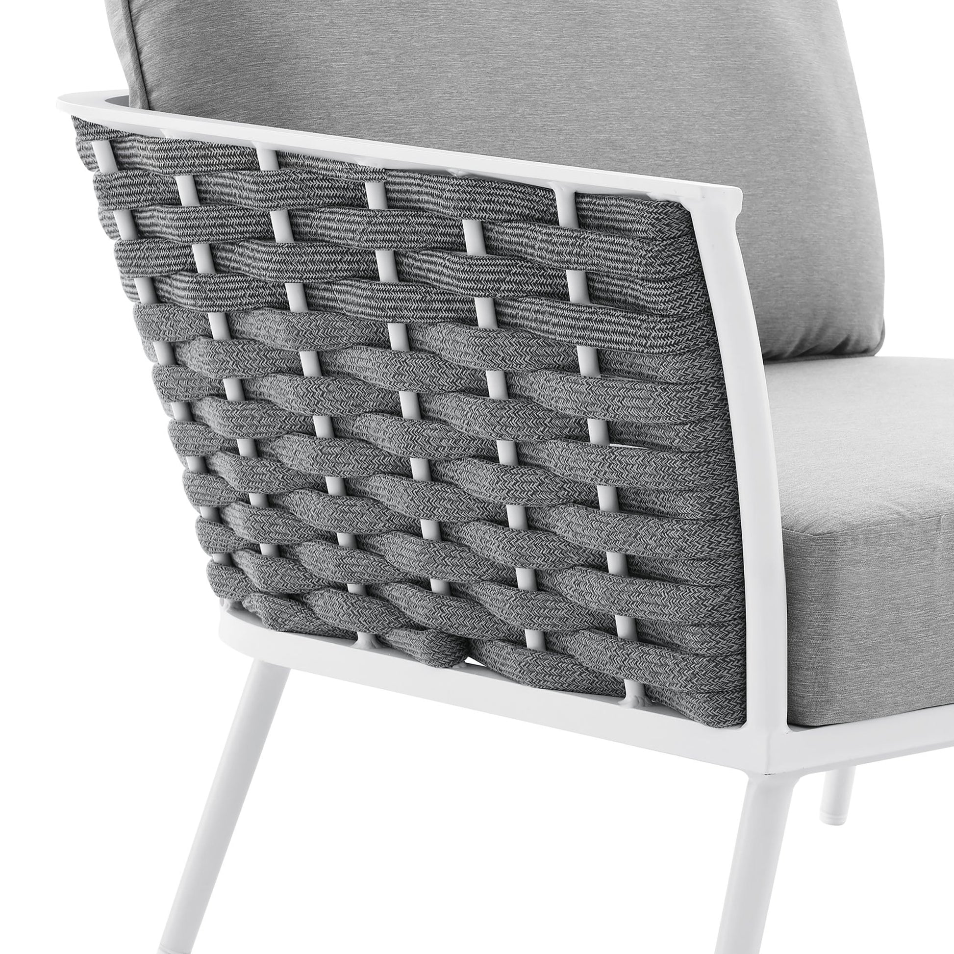 Stance outdoor left-facing aluminum armchair with woven wicker and white frame HouseOfZazla on Tampa Home & Garden Store