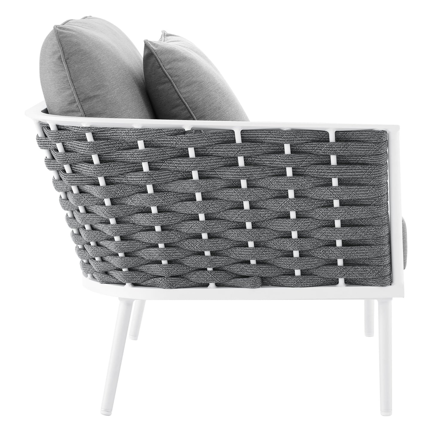 Stance outdoor left-facing patio armchair with aluminum frame and gray woven cushions by Modway on Tampa Home & Garden Store