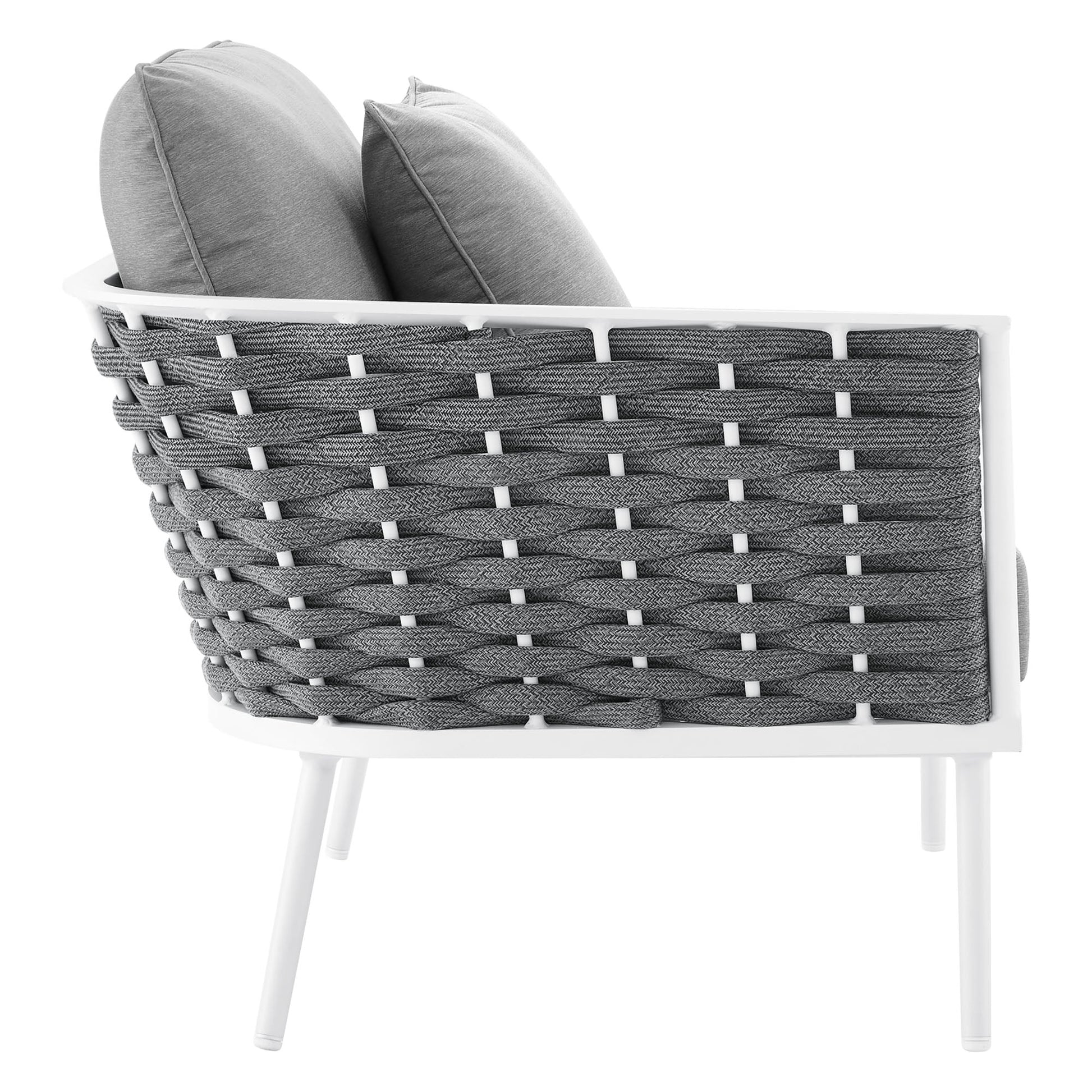Stance outdoor left-facing patio armchair with aluminum frame and gray woven cushions by Modway on Tampa Home & Garden Store