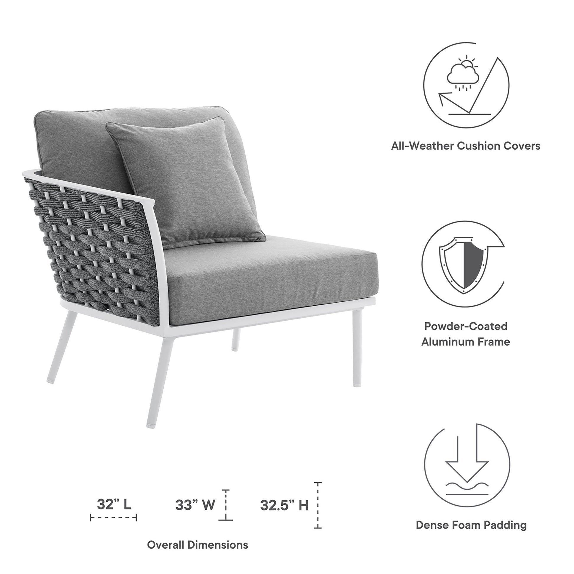 Stance Outdoor Patio Aluminum Left-Facing Armchair with gray cushions and white frame on Tampa Home & Garden Store