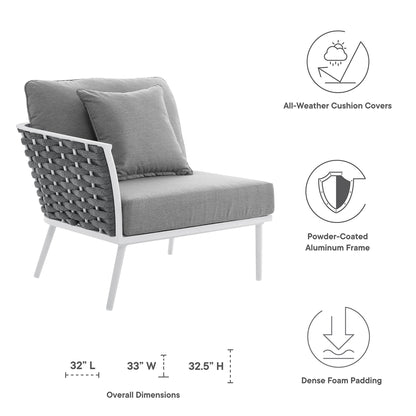 Stance Outdoor Patio Aluminum Left-Facing Armchair with gray cushions and white frame on Tampa Home & Garden Store