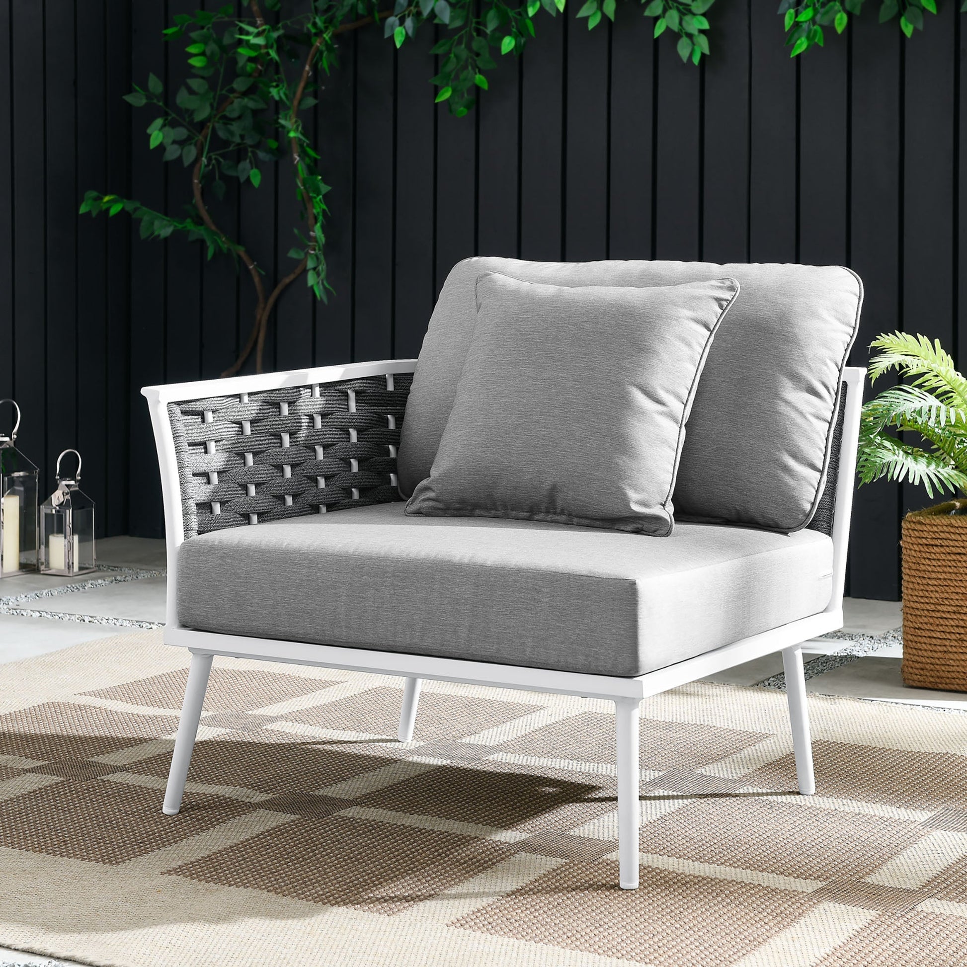 Stance left-facing aluminum outdoor armchair with gray cushions and woven back by Modway on Tampa Home & Garden Store