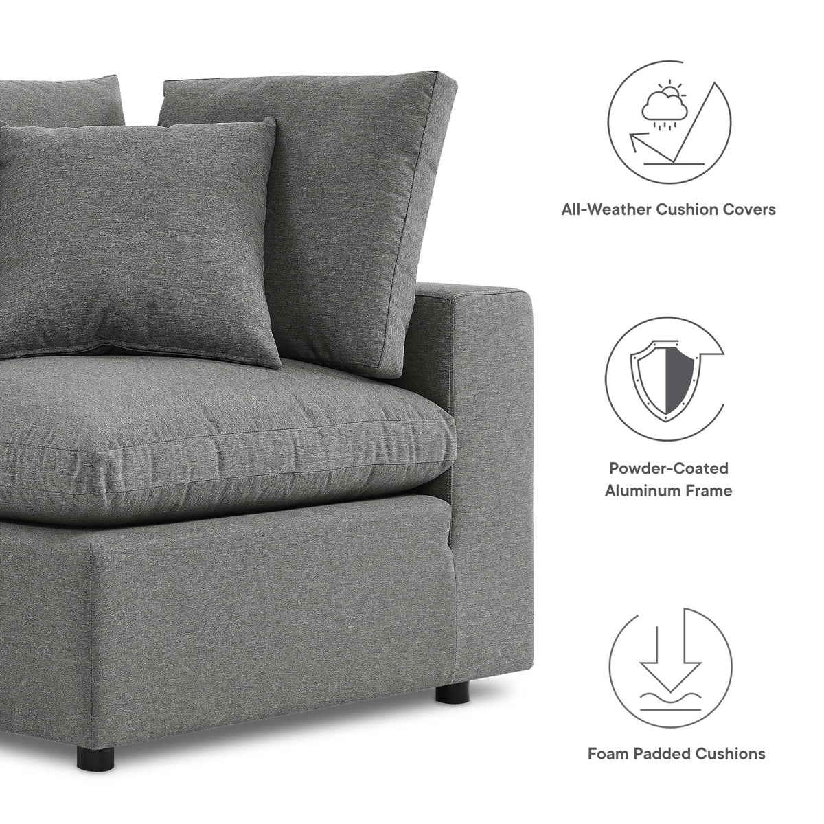 Commix Overstuffed Outdoor Loveseat by Modway, gray foam cushions, powder-coated aluminum frame on Tampa Home & Garden Store