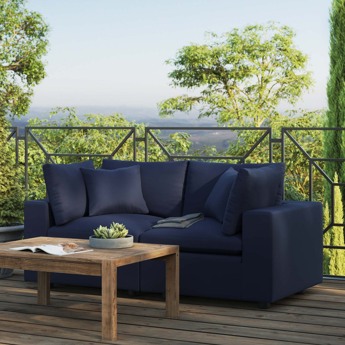 Commix Overstuffed Outdoor Patio Loveseat by Modway, navy cushions on a dark metal frame on Tampa Home & Garden Store