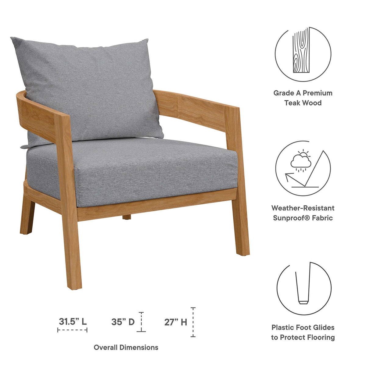 Brisbane Teak Wood Outdoor Patio Armchair with grey cushions by Modway on Tampa Home & Garden Store